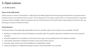 A screenshot showing a portion of Canada's 2018-2020 National Action Plan on  Open Government. The main issue addressed here is the difficulty for Canadians to access scientific research outputs: thus the commitments focus on making federal science, scientific data, and scientists themselves more accessible.