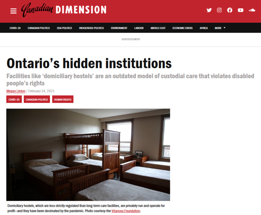 Screen capture of the Canadian Dimension Article by Megan Linton that can also be read here https://canadiandimension.com/articles/view/custodial-institutions-ontarios-hidden-victims