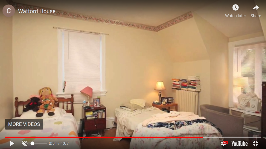 Image of a single room with 2 bedrooms at Watford House in Ottawa. Image of a typical bedroom arrangement. "In shared bedrooms, space should be increased between beds to at least 2 metres apart. If this is not possible, consider different strategies to keep residents apart (e.g., place beds head to foot or foot to foot, using temporary barriers between beds)” (Ministry of Health, 2020) (Image of Bedroom in Watford House Ottawa, 2021)